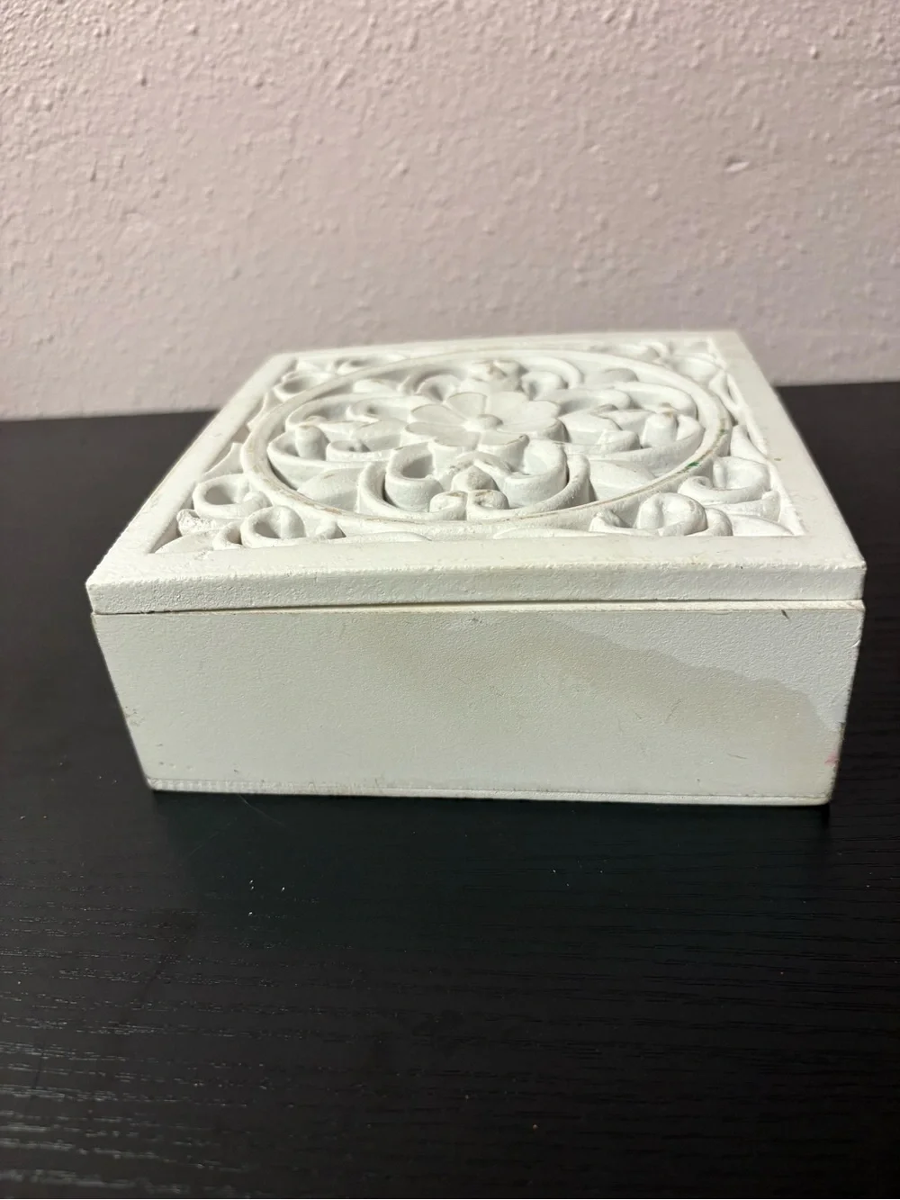 White Distressed Floral Scroll Wooden Keepsake Jewelry Trinket Box